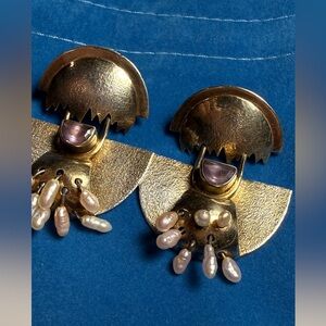 Vintage Sterling silver 925 and Purple stone and rice pearls   Earrings